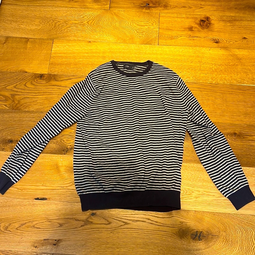 J Crew Men’s Striped Sweater Navy Blue Grey Size L